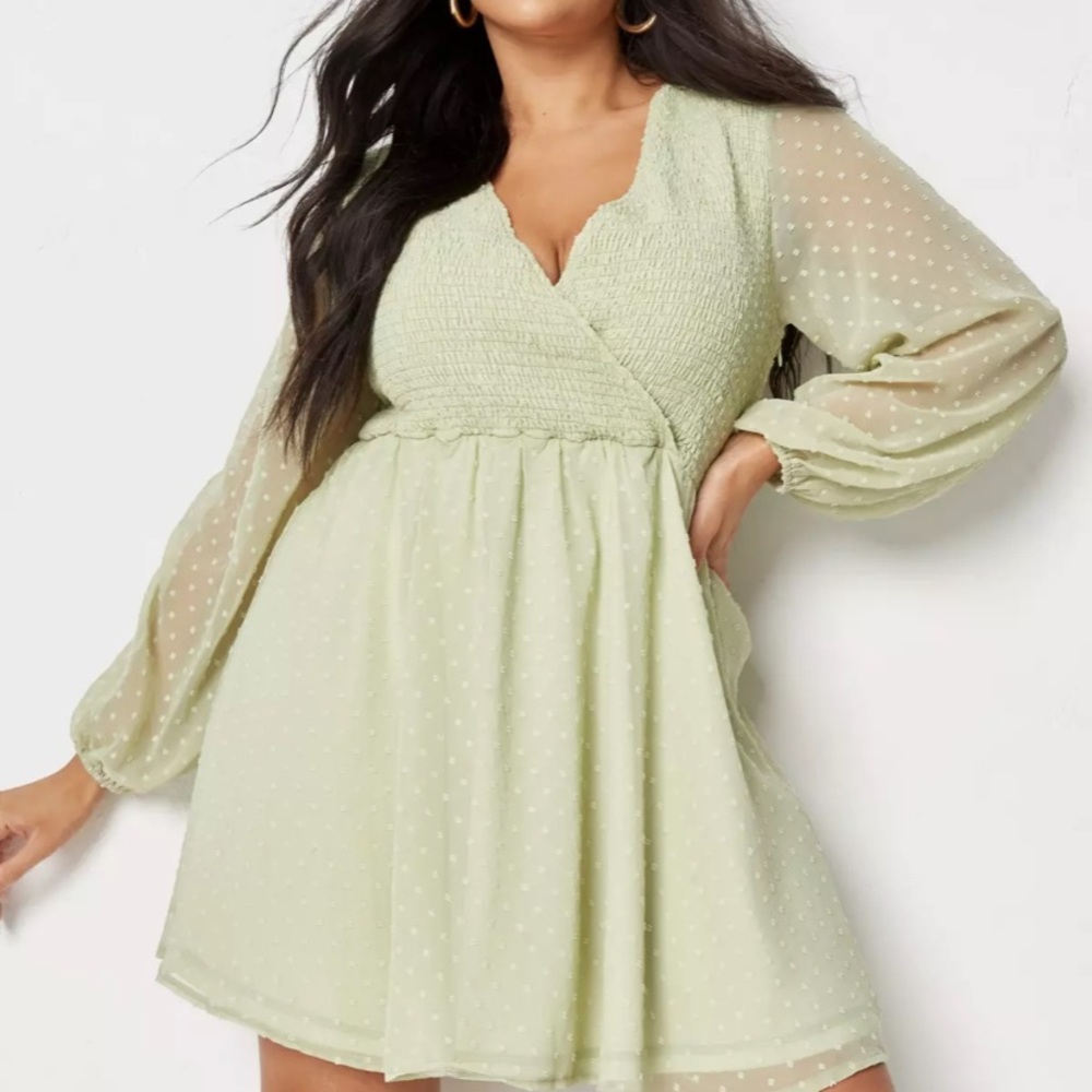Plus Size Khaki Dobby Shirred Bust Wrap Mini Dress